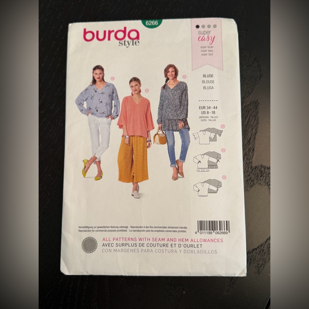 Burda Style 6266 New Uncut Blouse Sewing Pattern Size 8-18, 3Style of Blouse’s